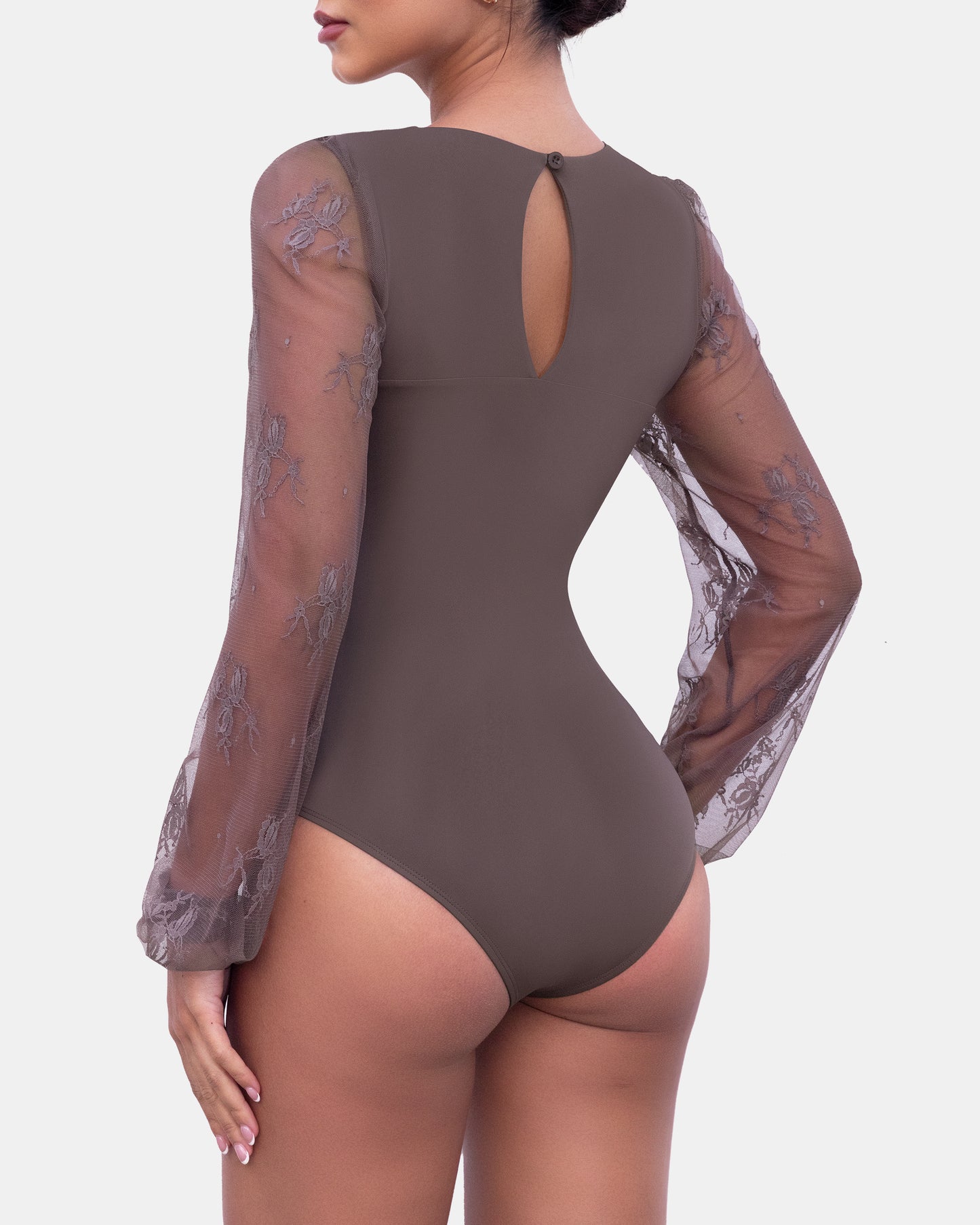 Long Sleeve Body Suits Womens Thong Double Lined Round Neck Lace Bodysuit For Women