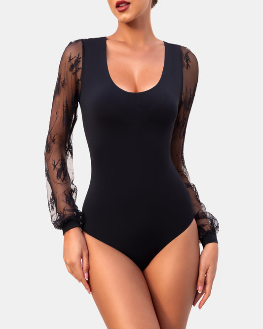 Long Sleeve Body Suits Womens Thong Double Lined Round Neck Lace Bodysuit For Women