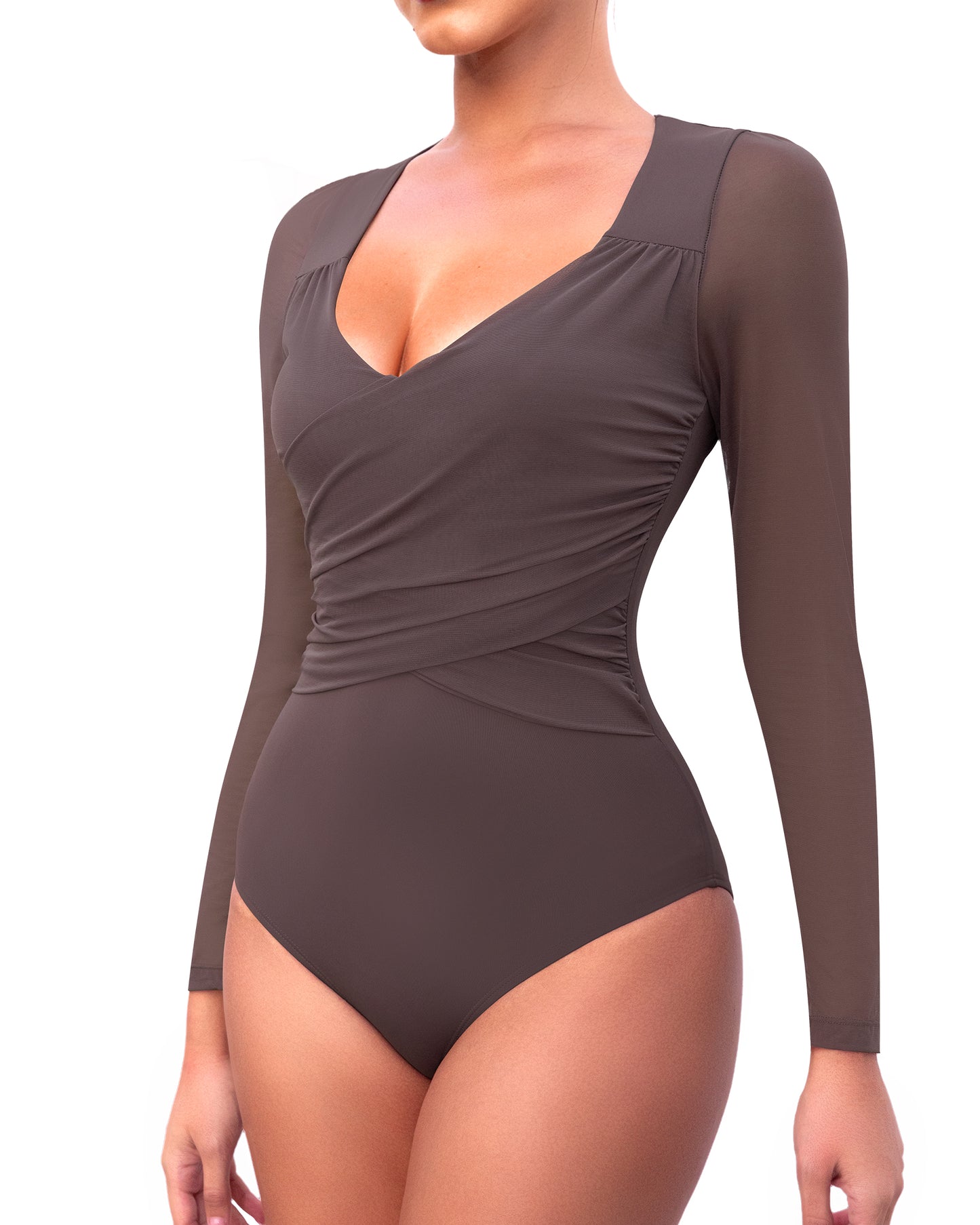 Wealurre Bodysuits for Womens Long Sleeve Sheer Mesh Ruched Body Suits V Neck Going Out Tops S-XL