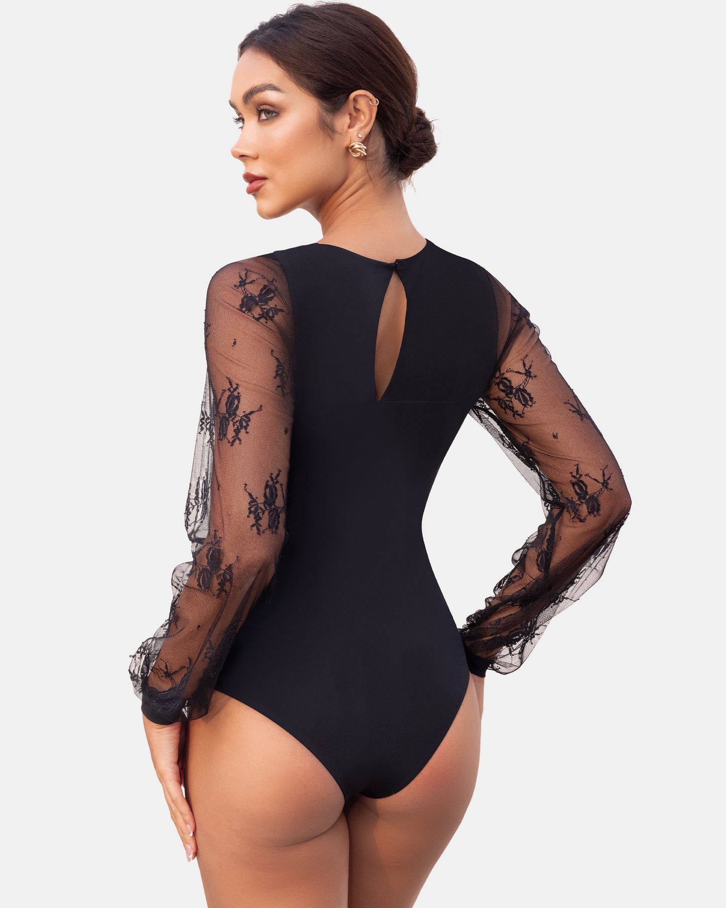 Long Sleeve Body Suits Womens Thong Double Lined Round Neck Lace Bodysuit For Women