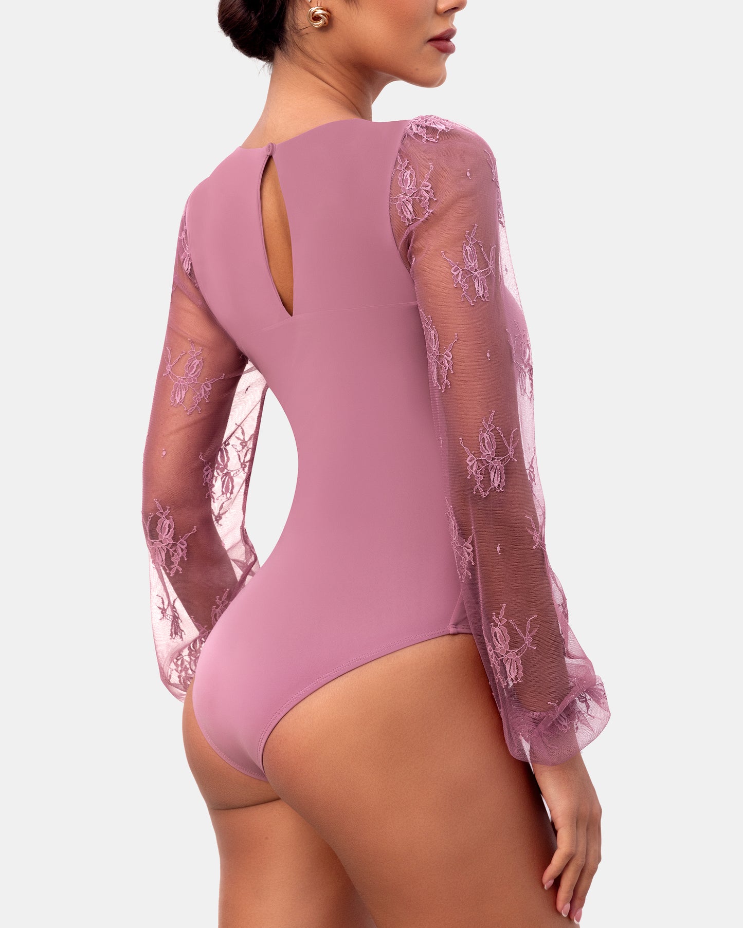 Long Sleeve Body Suits Womens Thong Double Lined Round Neck Lace Bodysuit For Women